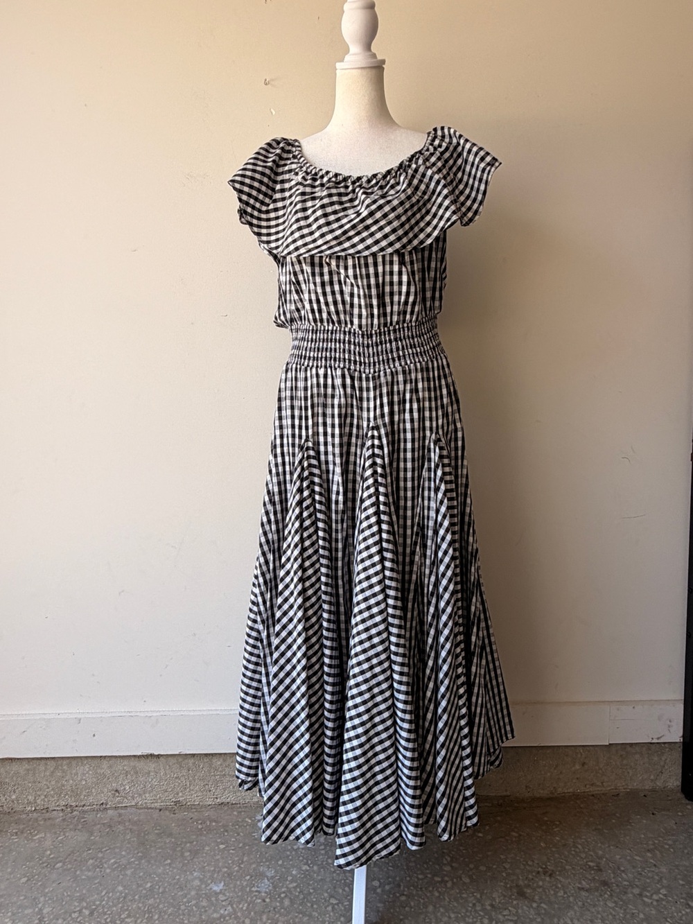 Chelsea & Theodore Black and White Gingham One-Shoulder Ruffle Midi Dress